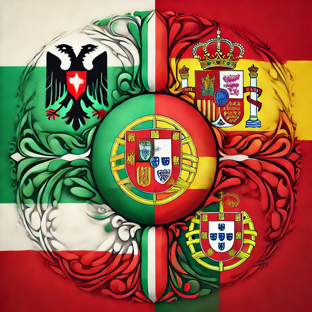 DALL·E 2025-02-11 19.04.30 - A blended flag symbolizing partnership between Bulgaria, Italy, Spain, and Portugal. The design should harmoniously combine elements from each nationa